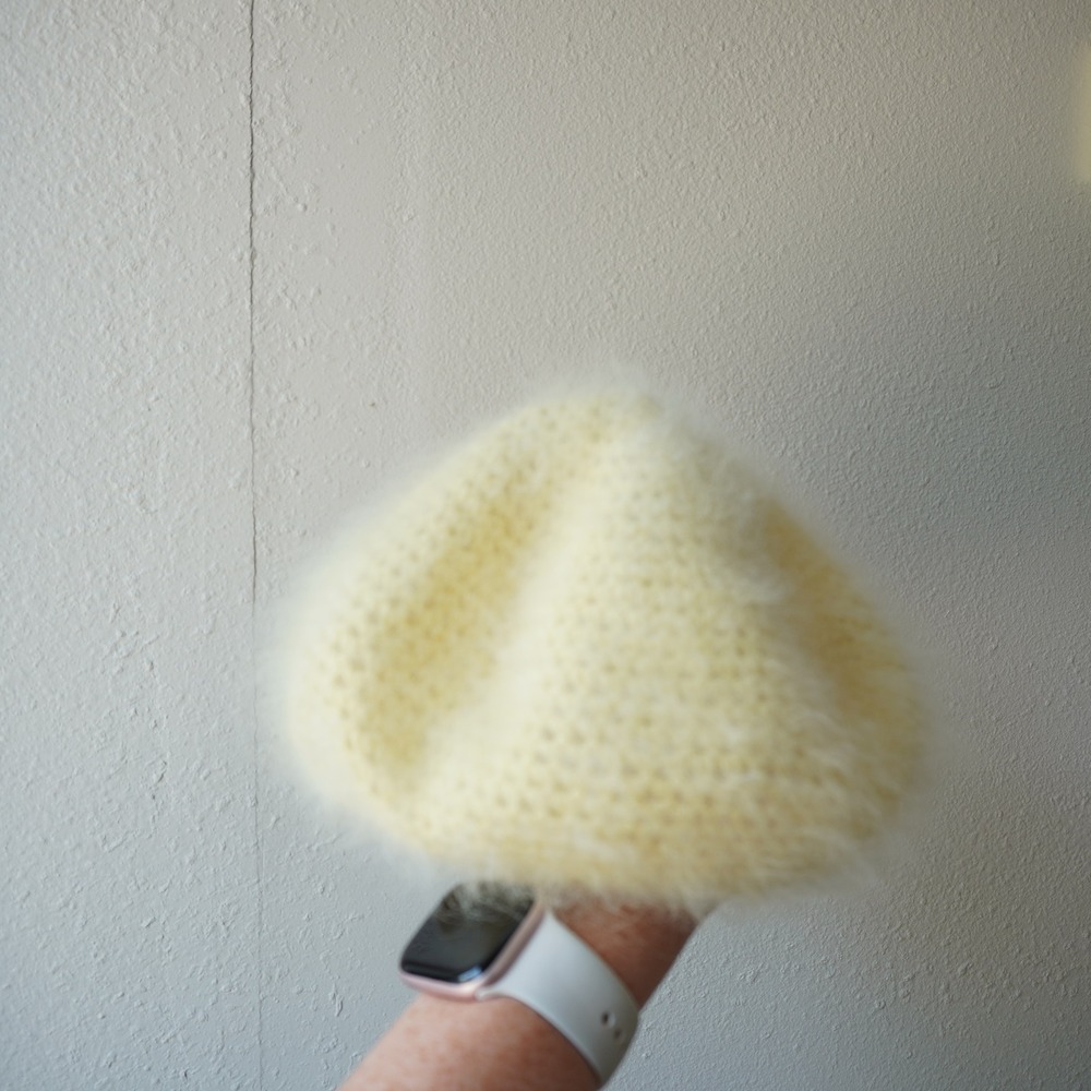 Handmade Fuzzy Knit Beret Pale Yellow Angora Style Crochet Beanie Hat Womens